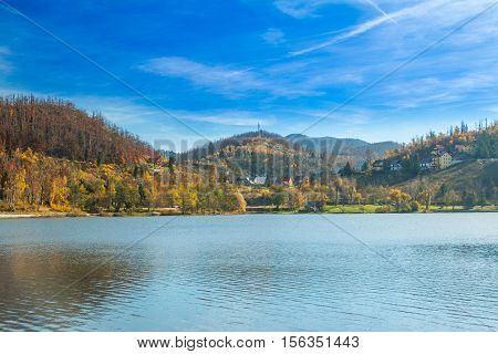 Beautiful town of Fuzine on Lake Bajer, Gorski kotar, Croatia, in autumn