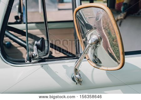 Vintage Auto Body, The Chrome Parts Of The Car Body, Vintage Cars. Unfocuset And Film Effect