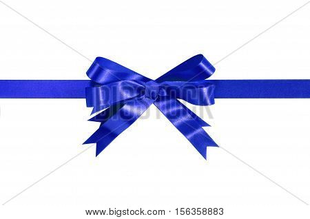 Royal Blue Gift Ribbon Bow Straight Horizontal Isolated On White.