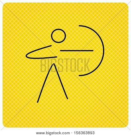 Archery sport icon. Archer with longbow sign. Aiming or targeting symbol. Linear icon on orange background. Vector