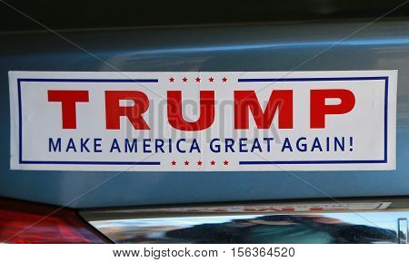 BROOKLYN, NEW YORK - NOVEMBER 13, 2016: Bumper sticker in support of presidential candidate Donald Trump on display in Brooklyn, New York after Election Day 2016