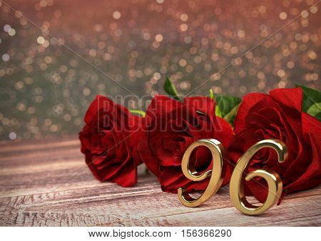 birthday concept with red roses on wooden desk. 3D render - ninetysixth birthday. 96th