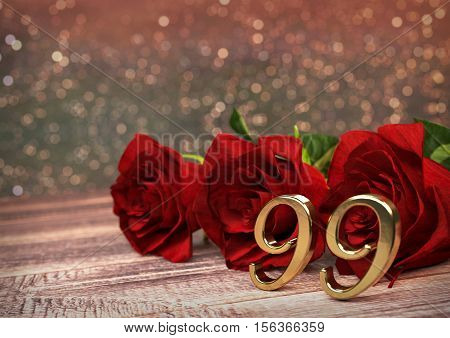birthday concept with red roses on wooden desk. 3D render - ninety-nineth birthday. 99th
