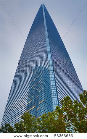 SHANGHAI, CHINA - NOV 5, 2015: Beautiful Shanghai World Financial Center building and tree, Shanghai - financial and commercial center of China
