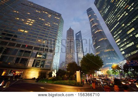 SHANGHAI, CHINA - NOV 5, 2015: Shanghai tower, Shanghai Jinmao Hotel and Shanghai World Financial Center at evening, Shanghai - financial and commercial center of China