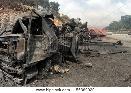 BEIRUT, LEBANON-AUGUST 4: A bridge damaged by Israeli bombings in 2006, overlooking a highway south of Beirut on August 4, 2006, Beirut,Lebanon.