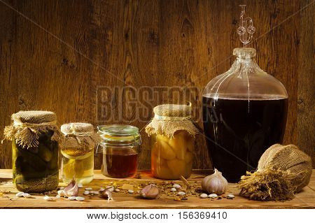 Stockpile for winter in basement on old wooden table