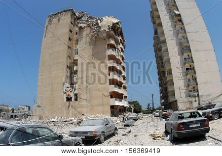 TYR, LEBANON - JUNE 26 : Buildings destroyed by Israeli bombing in the city of Beirut on June 26. 2006, Tyr,Lebanon.