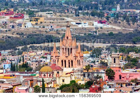 San Miguel de Allende, a colonial city in Mexicos central highlands, is known for its baroque Spanish architecture, thriving scene and cultural festivals. Gothic church Parroquia de San Miguel Arca