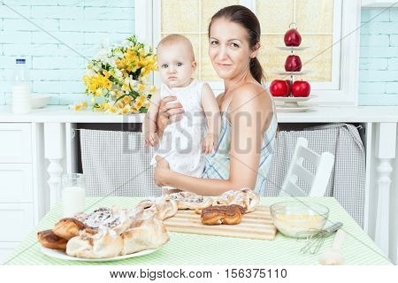 On the kitchen table mother and child.