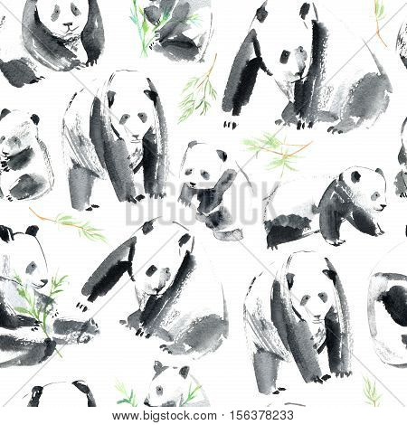 Seamless pattern with panda and bamboo.Postcard with animals.Watercolor hand drawn illustration.White background.