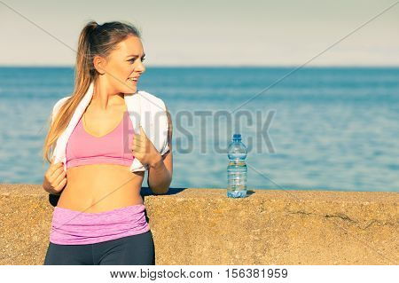 Woman Drinking Water After Sport Gym Outdoor