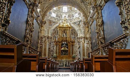 Interior view of Chapel of the Rosary (Capilla del Rosario). It is an example of New Spanish Baroque, considered in its time to be the 