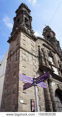 Church of San Cristóbal (Templo de San Cristóbal ) in Puebla Mexico. It is a Catholic church built in 1676-1687 and is characterized as 
