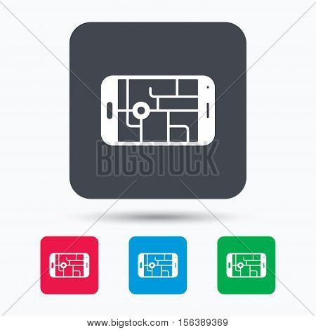 Gps street navigation icon. Smartphone device symbol.  egg concept. Colored square buttons with flat web icon. Vector
