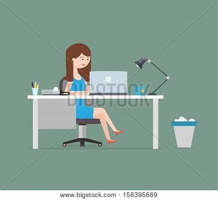 Happy woman working with laptop. Business illustration in modern flat style