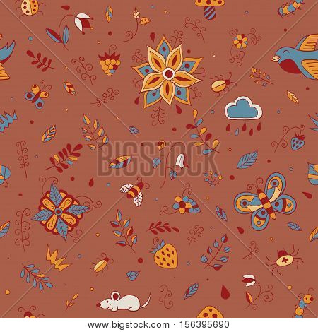 Cute hand drawn floral seamless  summer forest  pattern. Doodle animals, birds, insects, herbs and flowers. Vector illustration