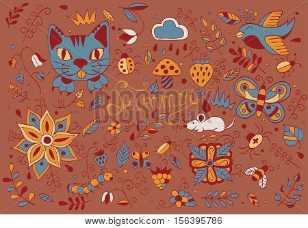 Cute hand drawn set of summer forest  elements. Doodle animals, birds, insects, herbs and flowers. Vector illustration