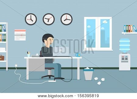 Happy businessman working with laptop. Office interior and workplace. Business illustration in modern flat style