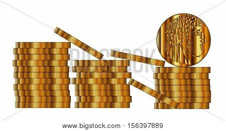 Thirty pieces of gold over a white background