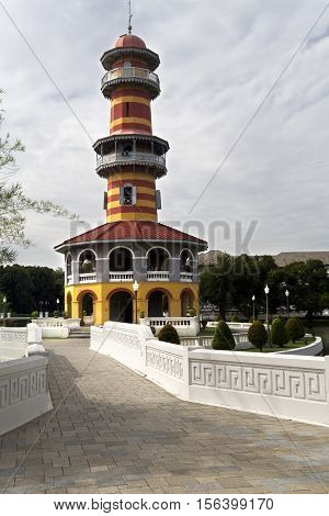 AYUTTHAYA, THAILAND - November 4, 2016: View of Ho Withun Thasana the observatory tower built as a lookout tower for viewing the surrounding countryside