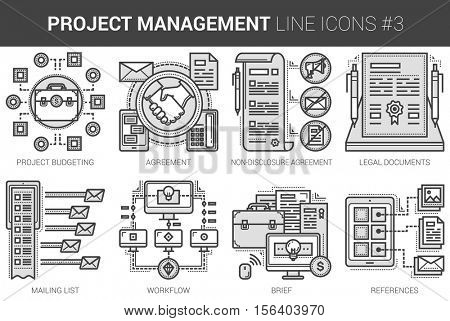 Project management infographic metaphor with line icons. Project management concept for website and infographics. Vector line art icon set isolated on white background.