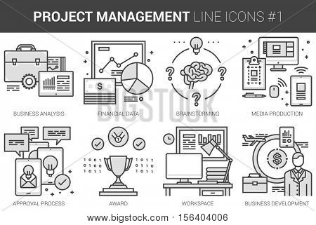Project management infographic metaphor with line icons. Project management concept for website and infographics. Vector line art icon set isolated on white background.