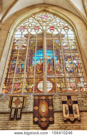 Brussels, Belgium - July 07, 2016 : Stained Glass Inside Cathedral Of St. Michael And St. Gudula  Is
