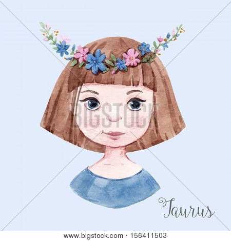 Beautiful watercolor hand drawn girl as a symbol of horoscope sign taurus