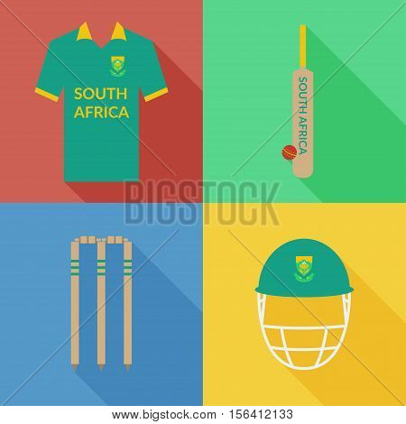 South Africa cricket icons in flat design with long shadows