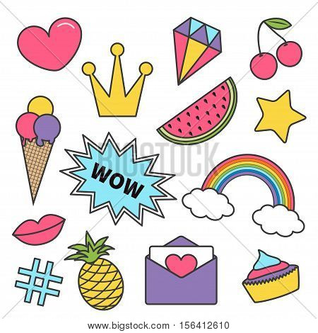Quirky cartoon sticker patch badge set. Kawaii pin. Heart crown diamond cherry rainbow cloud cupcake ice cream watermelon lips star wow text pineapple hashtag envelope letter Isolated Flat Vector