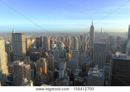Manhattan Midtown Skyline and Empire State Building, viewed from Rockefeller Plaza, New York City, USA