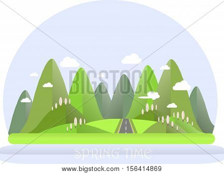 Spring mountain landscape. Green hills, blue sky, white clouds, pink trees, grey highway. Flat design, stock vector illustration
