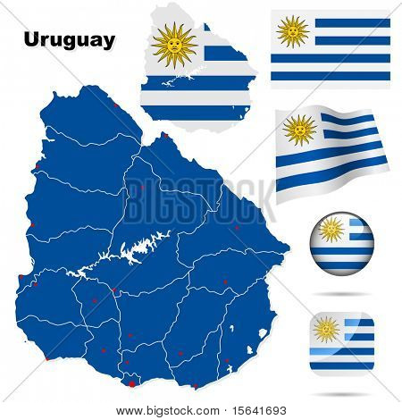 Uruguay vector sarja. Yksityiskohtaiset maakohtaiset muodon alueen raja, liput ja symbolit, jotka on eristetty valkoinen ba