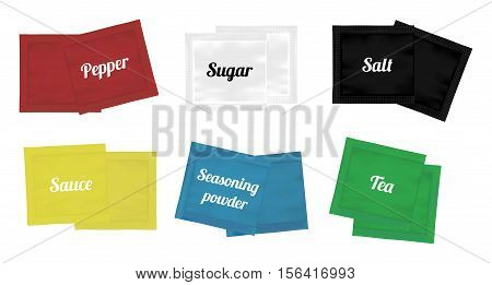 a pepper sugar salt suace tea and seasoning powder sachets packaging