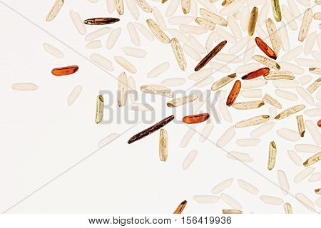 Mixed white red and black rice on white background. Rice background.
