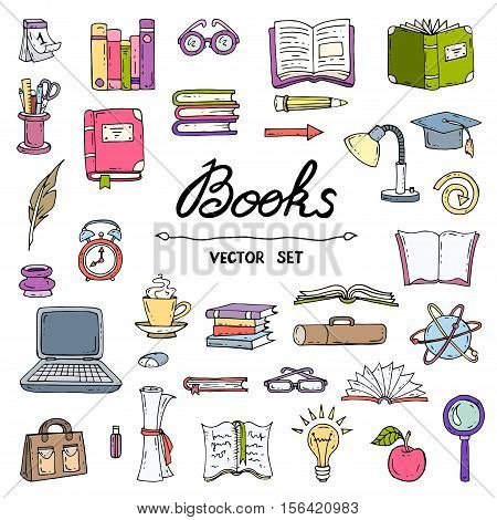 Vector set with hand drawn isolated and colored doodles of books. Flat illustrations on the theme of education and knowledge. Sketches for use in design, web site, packing, textile, fabric