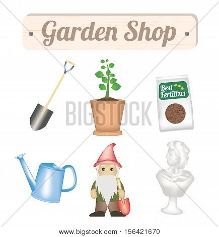 Garden shop object with shovel tree plant fertilizer watering can gnome and garden decorative statue