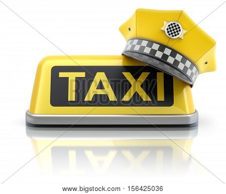 Yellow taxi driver cap on taxi car roof sign - 3D illustration