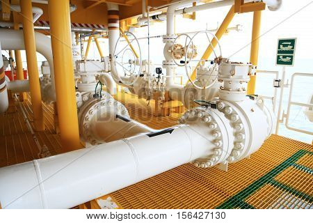 Valves manual in the production process. Production process used manual valve to control the system, Operator open and close or function the valve for controlled pressure or gas and oil flow rate.