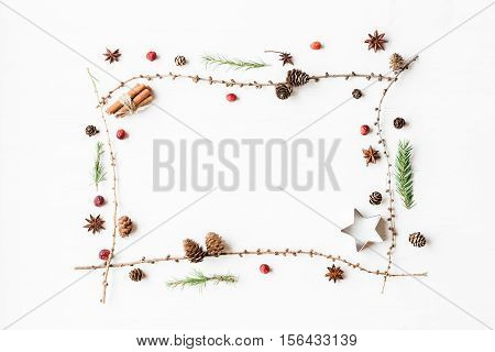 Christmas composition. Larch branches cinnamon sticks anise star dried cranberry. Christmas frame. Flat lay top view