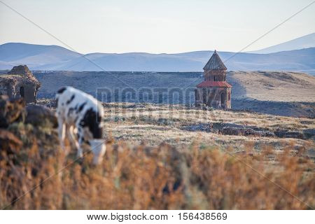 Color image of a church in Ani Turkey. Ani used to be the capital of the Bagratid Armenian kingdom between 961 and 1045.