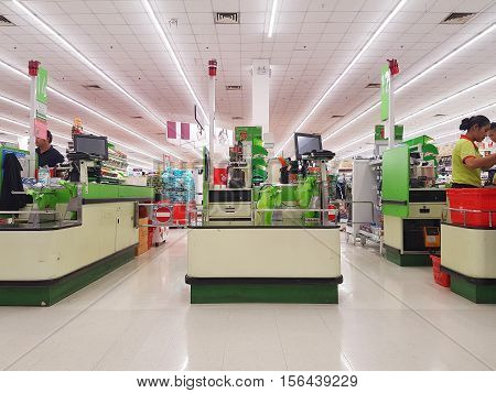CHIANG RAI THAILAND - NOVEMBER11 : cashdesks in BigC supermarket interior view on November11 2016 in Chiang rai Thailand. BigC is a very big supermarket chain in Thailand.