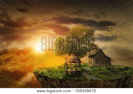 lonely girl on the flying island looks at bright sunset next to the house of his childhood