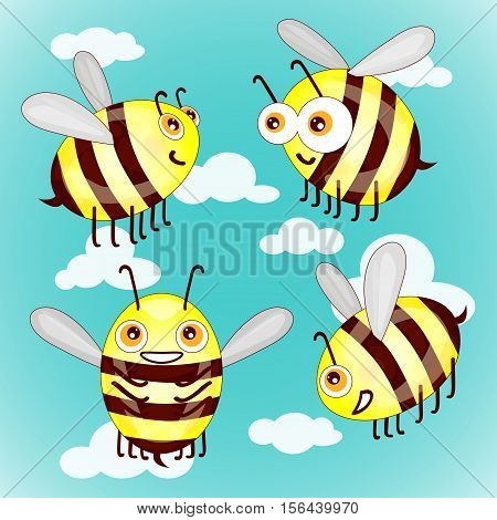 Set cartoon cute bees on sky with clouds vector illustration