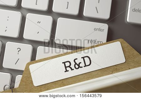 Folder Index with Inscription R and D Overlies Modern Keyboard. Business Concept. Closeup View. Blurred Toned Image. 3D Rendering.