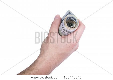 hundred-dollar bills in his hand on the isolated background