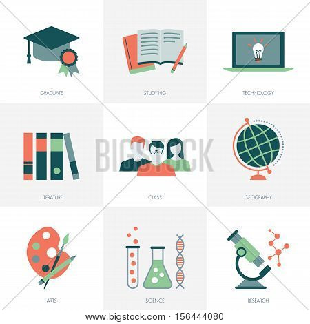 School education learning and studying icons set