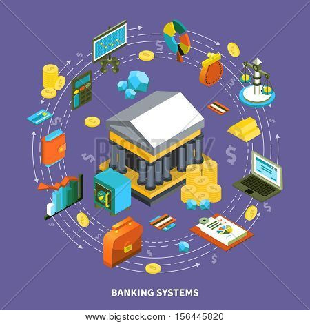 Banking financial icons isometric round composition with arrows wallet computer credit card coins gold money flow symbols signs vector illustration
