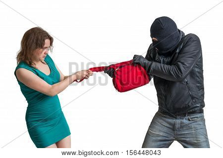 Thief Is Fighting With Woman And Stealing Handbag. Isolated On W